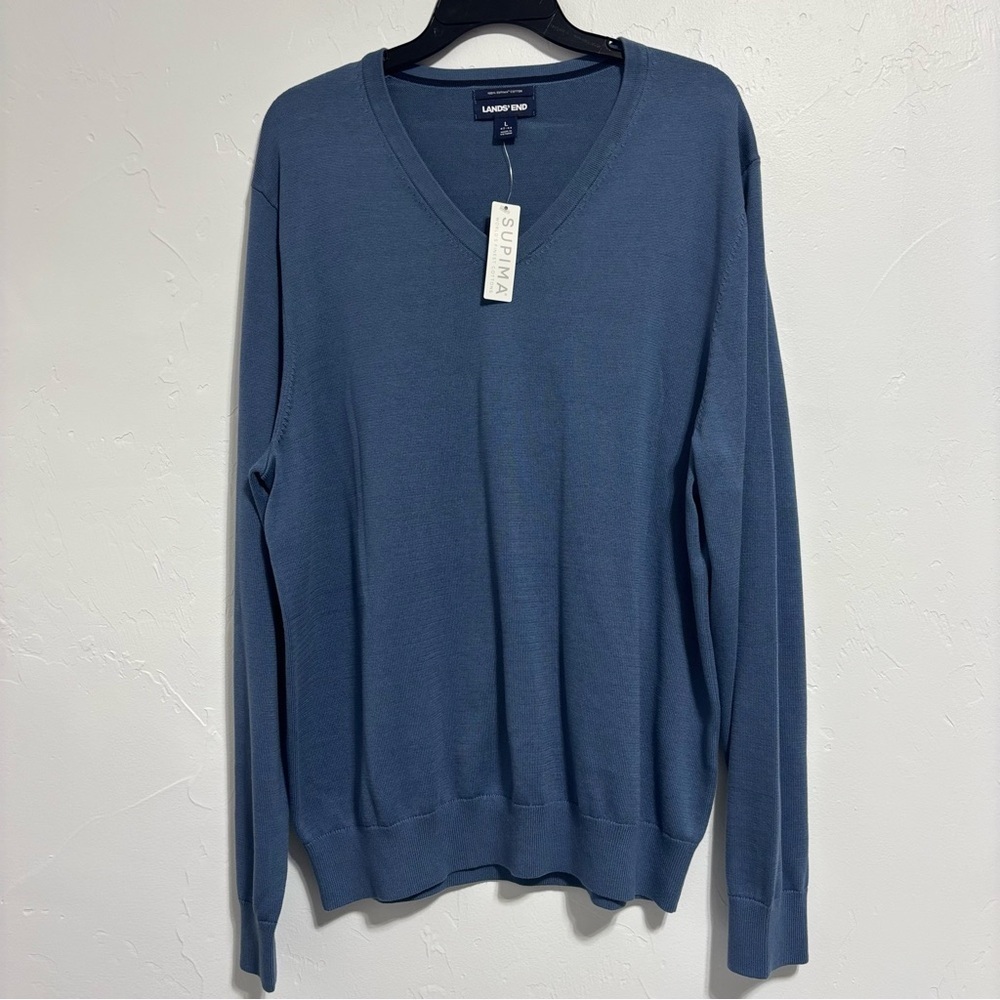 Lands' End Men's NWT Blue Large 42-44 100% Supima Cotton V Neck Sweater